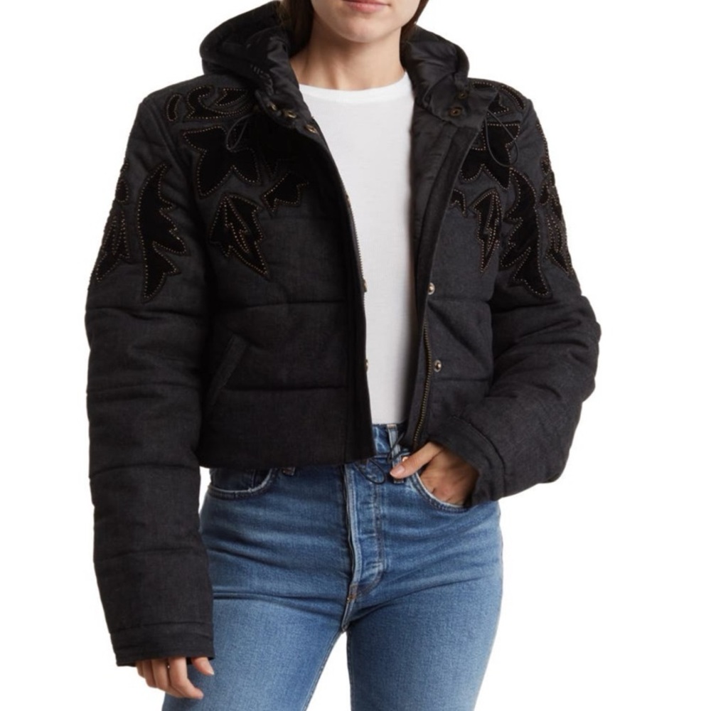 Free People Fleur de Lis Denim Cropped Puffer Jacket Size Medium